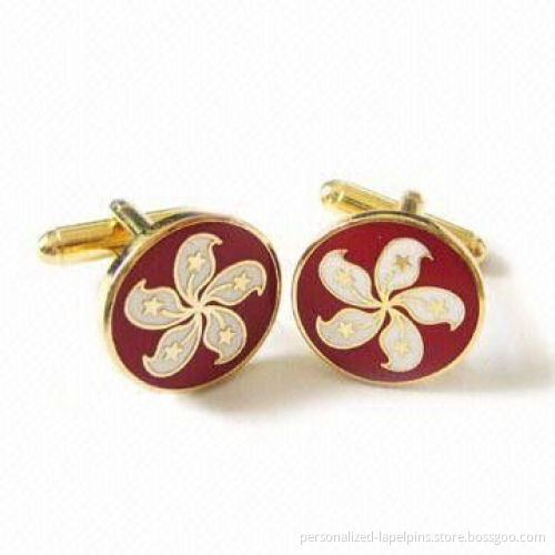 Hk Bauhinia Logo Cufflinks And Tie Clips Imitation Enamel & Gold Plated, For Souvenirs